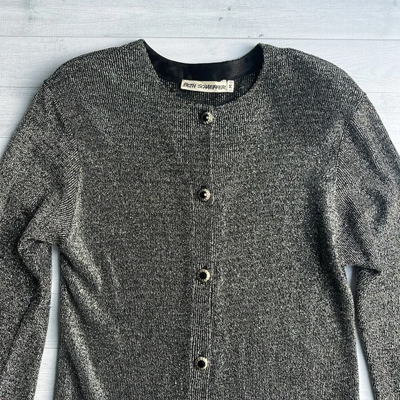 Vintage Palm Beach Beth Schaeffer Silver Metallic Cardigan Sweater M - Picture 2 of 7